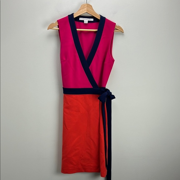 Diane Von Furstenberg Gracie Wrap Dress Pink Orange Color Block Dopamine DVF 2 - Picture 1 of 10